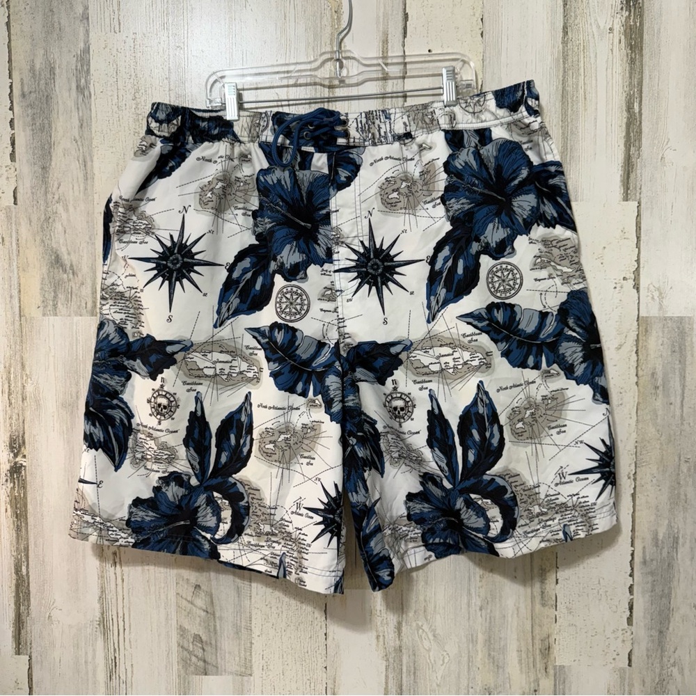 Tropical Blue and White Swim Trunks with Drawstring Waist
